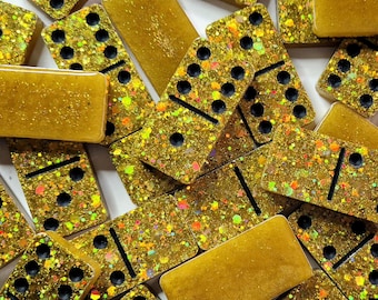 Luxury Domino set; gold holographic glitter with black dots Resin Art Handmade Gift Present Board Game Decoration Dominoes
