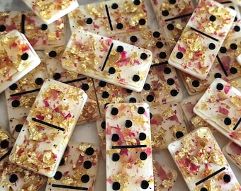 Luxury Domino set with red rose petals, gold colored flakes and black dots Resin Art Handmade perfect as a gift Game Present