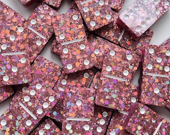 Domino set pink holographic glitter & white dots Resin Art Handmade Gift Present Board Game Dominoes