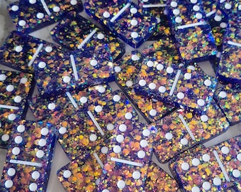 Domino set Purple/Gold Glitter with White Dots Resin Art Handmade Gift Present Board Game Dominoes
