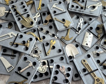 Handmade Resin Domino Set with Miniature Tools – Metallic Gray Back, Black Dots – Unique Gift for Game Lovers & Tool Enthusiasts