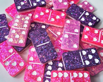 Luxury Domino set Pink & Purple Glitters + White Hearts. Resin Art Handmade Gift Present Valentine's Day Love Board Game