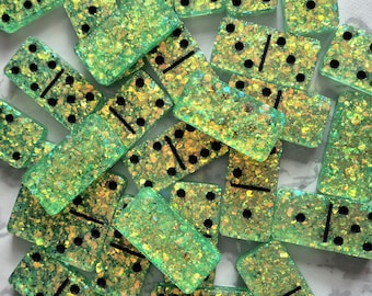 Domino set Green/Gold Glitter with Black Dots Resin Art Handmade Gift Present Board Game Dominoes