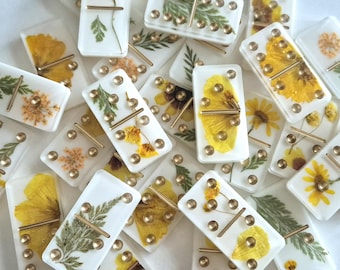 Yellow Flower Domino set with gold colored dots Resin Art Handmade perfect as a gift Game Present Floral Dominoes