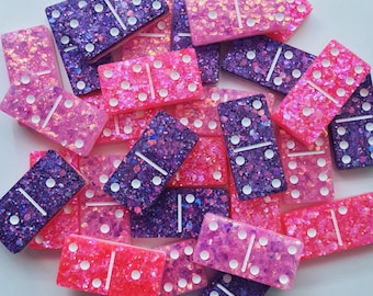 Domino set in Pink & Purple Glitter with White dots Resin Art Handmade Gift Present Board Game Valentine's Day
