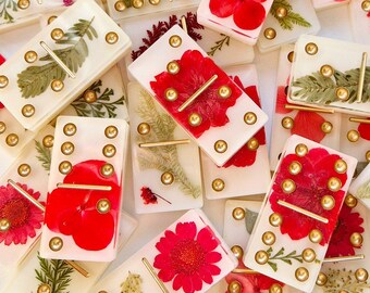 Luxury Floral Domino set; antique white with dried red & green flowers and gold colored dots Resin Art Handmade Gift Present Board Game