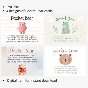 Cartões de urso de bolso 4 designs Arquivos PNG Download instantâneo para impressão Abraço de bolso Pedra de preocupação Presente de saudades Feito à mão cartolina amor Resina