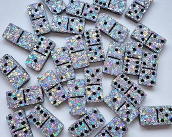 Luxury Glitter Domino set; Silver Holographic with black dots Resin Art Handmade Gift Present Board Game Decoration