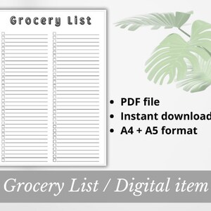 Op de afbeelding: Een afdrukbare boodschappenlijst sjabloon in PDF-formaat. De lijst is verdeeld in twee kolommen met selectievakjes en regels om te schrijven. De tekst "Grocery List" staat bovenaan de pagina. De tekst "Grocery List / Digital item" staat onderaan de pagina.