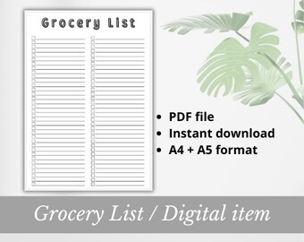 Grocery List to print Digital item PDF file Instant download Checklist Groceries supermarket food supplies A4 format Simple handy