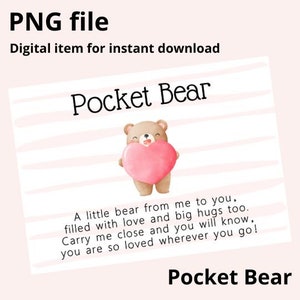 Cartão de urso de bolso Arquivo PNG Download instantâneo para impressão Abraço de bolso Pedra de preocupação Presente de saudades Feito à mão cartolina Arte em resina amor
