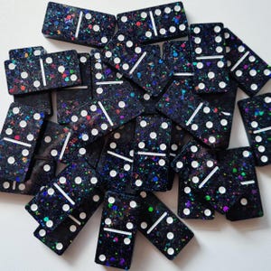 Black Holographic Glitter Domino set with white dots Resin Art Handmade Gift Present Board Game