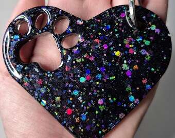 Big Paw Print Keychain in different variations Handmade Resin Art Gift Present Cat Dog Heart Love Glitters
