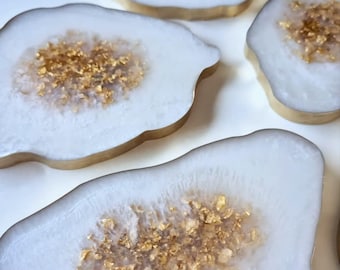 Set of 5 pcs. geode resin coasters White Gold Handmade Gift Present Resin Art