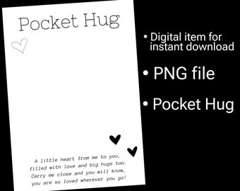 Pocket Hug card Instant download PNG file Printable Worry Stone Miss You gift White black Digital item