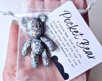 Little Pocket Bear with message | Worry Stone Miss You Gift Keepsake Pocket Hug Fidget Present Friend Kids Children Resin Art Handmade Card