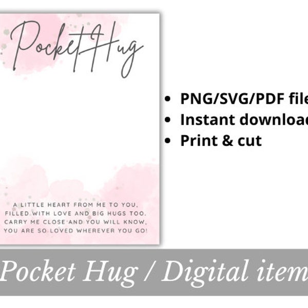 Pocket Hug card Instant download PNG SVG PDF file Printable Worry Stone Miss You gift Pink white Digital item heart love Resin Art cardstock