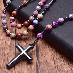 High-quality natural catholic Christ Rosary cross Necklace/Hematite Rosary Necklace/Cross Necklace/ 8mm Purple Blue Jasper/Frosted Turquoise
