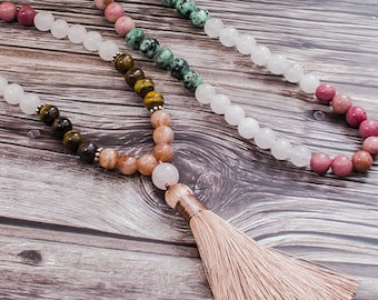 High-quality FREE BRACELET+ 108 beads White Jade Tassel Mala/8mm genuine White Jade, tigers eye beads/Meditation Yoga Prayer/Tassel necklace