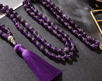 Hight-quality Necklace/ 8mm Natural Amethyst Beads Knotted 108 Japanese Mala/ Hold beads meditation mala/ Knotted Yoga Jewelry/ Unisex