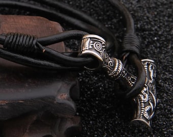 Handmade Stainless Steel Viking Thor Hammer Pendant Leather Bracelet - Men's Gift