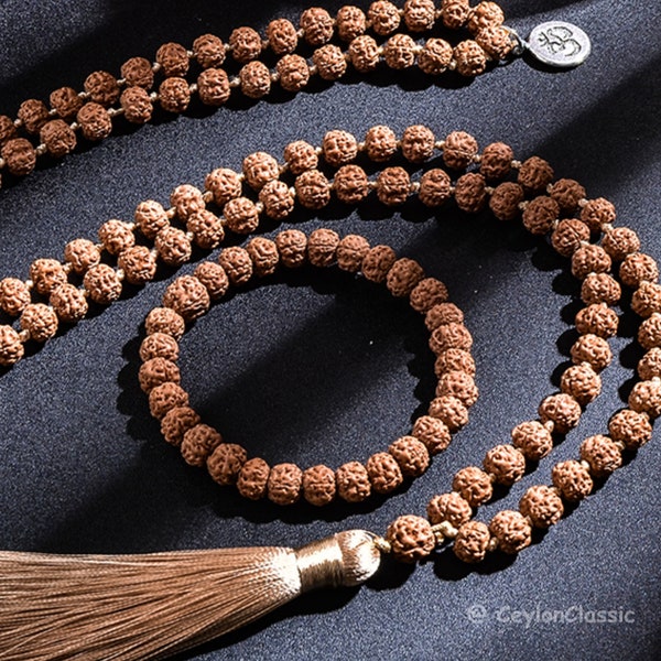 High-quality FREE BRACELET+ Original Rudraksha Beaded Knotted Necklace/ Meditation mala/ Yoga blessing jewelry/ 108 Mala/ Tassel necklace