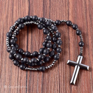 High-quality Catholic Christ Rosary Necklace/Natural Frosted Black Onyx Catholic Christ Rosary With Hematite Cross Necklace/Cross Pendant image 2