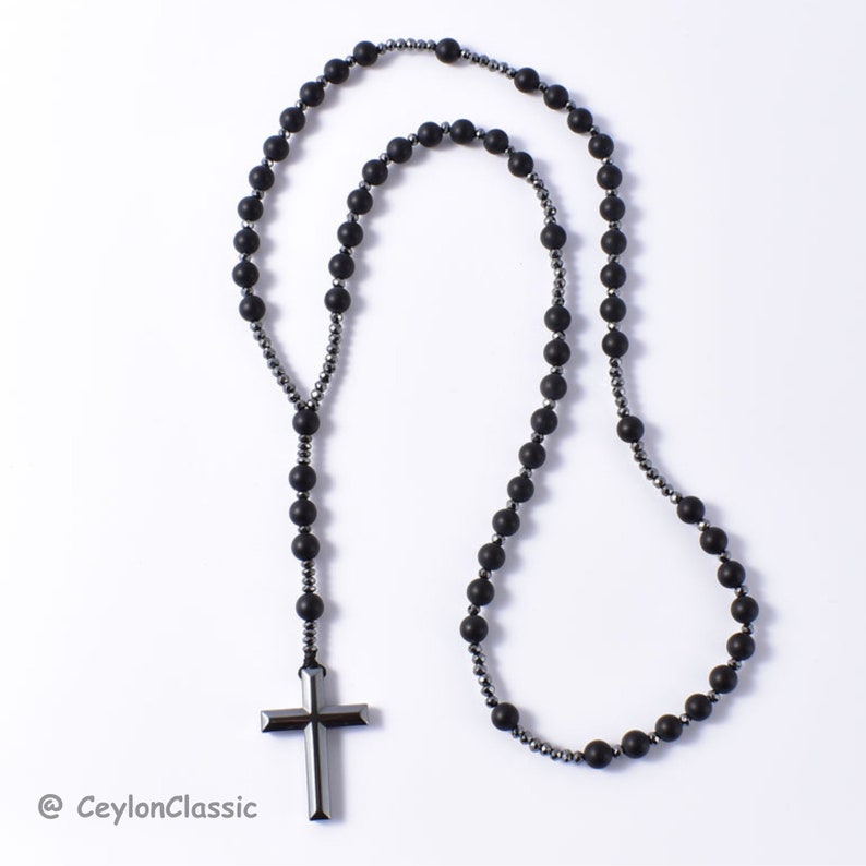 High-quality Catholic Christ Rosary Necklace/Natural Frosted Black Onyx Catholic Christ Rosary With Hematite Cross Necklace/Cross Pendant image 5