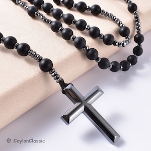 High-quality Catholic Christ Rosary Necklace/Natural Frosted Black Onyx Catholic Christ Rosary With Hematite Cross Necklace/Cross Pendant image 4