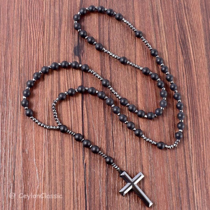 High-quality Catholic Christ Rosary Necklace/Natural Frosted Black Onyx Catholic Christ Rosary With Hematite Cross Necklace/Cross Pendant image 3