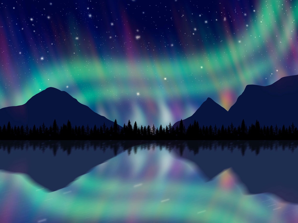 A5 wall print A Northern Lights art print with Mountains Etsy