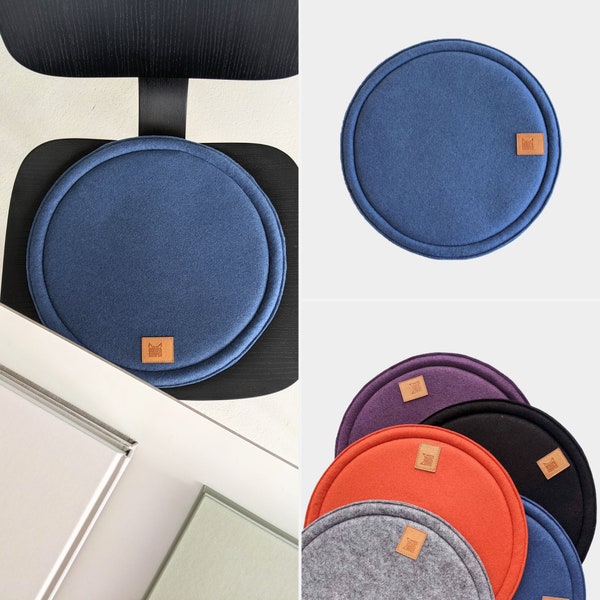 Round padded chair cushions in blue color - 40 cm / Machine-washable thin felt seat pads for dinning chairs or outdoor chairs