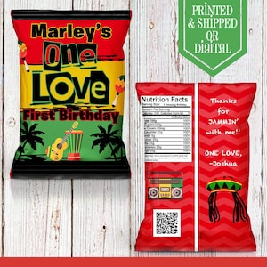 One Love Chip Bags - Custom Chips - Reggae Party - One Love Party - One Love Birthday - One Love Favor Bags - Reggae Favors - Jamaican Party