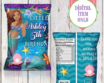 The Little Mermaid Chip Bag - Chip Bag - Little Mermaid Party - Live Action Mermaid - Little Mermaid Favors - Little Mermaid - Black Mermaid