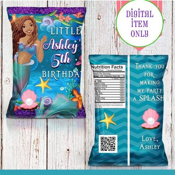 The Little Mermaid Chip Bag - Chip Bag - Little Mermaid Party - Live Action Mermaid - Little Mermaid Favors - Little Mermaid - Black Mermaid