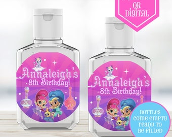 Etichette disinfettanti Shimmer and Shine - Bottiglie VUOTE da 2 once - Festa Shimmer and Shine - Compleanno Shimmer and Shine - Disinfettante per le mani - Shimmer