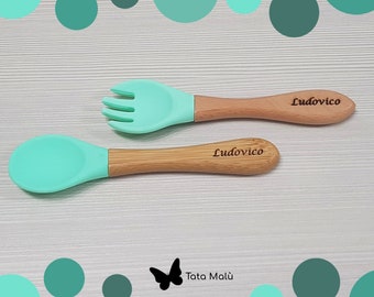 Couverts en bois et silicone, 2 pièces, set de sevrage enfant personnalisé, set nourriture bébé, couverts enfant, cuillère et fourchette de sevrage