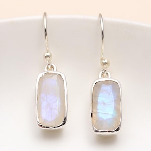 Rectangle Rainbow Moonstone Earrings, 925 Sterling Silver Dangle Earrings