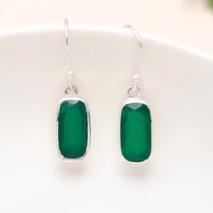 Sterling Silver Green Onyx Drop Earrings – Rectangular Faceted Dangles, Handmade Natural Gemstone Earrings