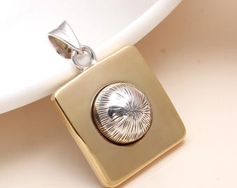 Gold Plated Silver Pendant, Two Tone Diamond Shape Pendant, Textured Silver Dome Accent, Boho Modern Statement Pendant Necklace