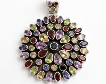 Solid 925 Sterling Silver Multi -Stone pendant, Unique Designer pendant, Amethyst, Peridot,Garnet ,Iolite, Smokey Quartz,Rose Quartz pendant