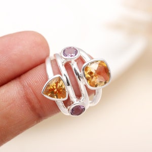 Amethyst Citrine Silver Ring, Citrine Ring, Sterling Silver Gemstone Ring, Anxiety Ring, Birthstone Ring, Multi Stone Ring, Handmade Jewelry