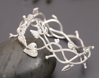 925 Sterling Silver Leaf Cuff Bracelet – Handmade Vine & Heart Design Nature Jewellery
