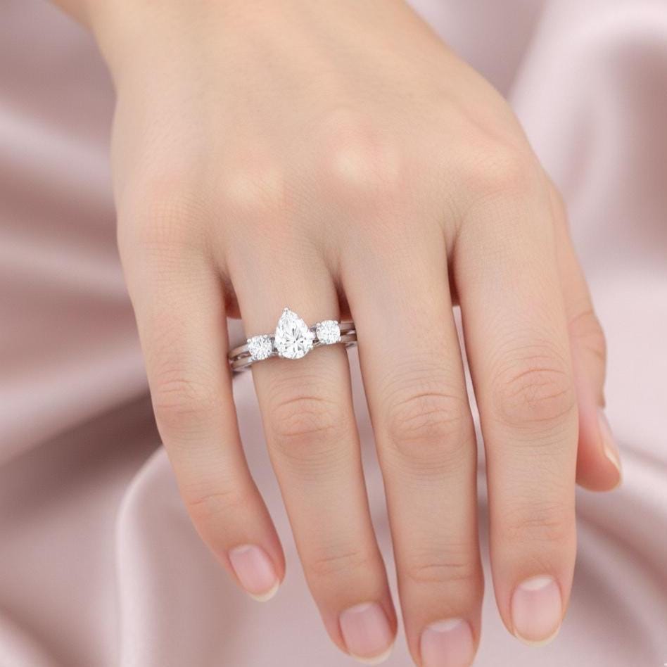 Pear Cut Moissanite Three Stone Engagement Ring 925 Sterling Silver ...