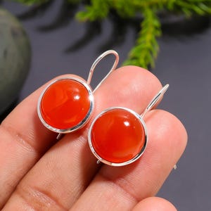 925 Sterling Silver Carnelian Drop Earrings | Handmade Round Red Gemstone Earrings | Natural Stone Dangle Earrings for Women