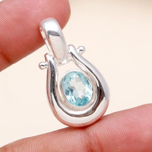 Sterling Silver Blue Topaz Necklace for Women, Natural Blue Topaz Pendant Necklace, Handmade Silver Necklace, Blue Oval Cut Gemstone Pendant