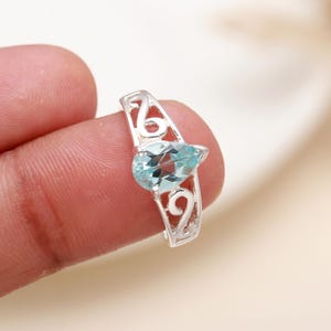 Natural Aquamarine Dainty Ring – 925 Sterling Silver Minimalist March Birthstone Ring – Handmade Stacking Ring – Bridal Gift for Her