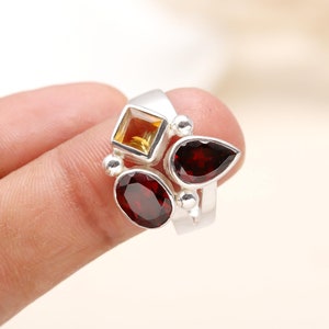 Garnet & Citrine Silver Ring, 925 Sterling Silver Handmade Jewelry, Wedding Ring For Women, Natural Multi Gemstone Ring, Christmas Gift
