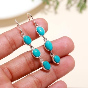 Turquoise Stud Long Earrings •  Sterling Silver Natural Gemstone Earrings • December Birthstone Jewelry • Handmade Boho Jewelry Gift for Her