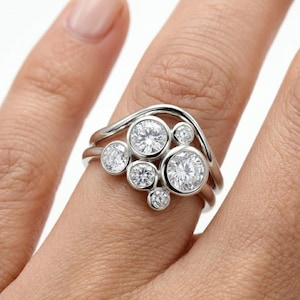 925 Sterling Silver Moissanite Bubble Cluster Ring, Bezel Set Round Multi Stone Ring, Modern Stacked Wedding Ring for Women